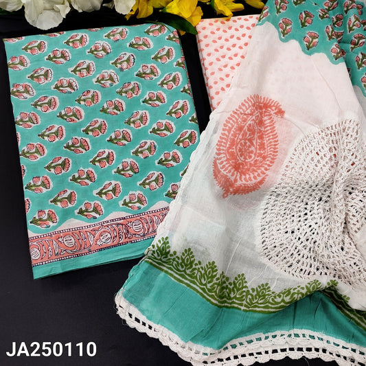 CODE JA250110 : Sea green hand block printed pure cotton unstitched salwar material(lining needed)printed cotton bottom, hand block printed pure mul cotton dupatta with crochet lace work.