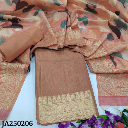 CODE JA250206 : Dark peach premium silk cotton unstitched salwar material(thin fabric, lining needed)matching santoon bottom, jamdani woven premium silk cotton dupatta.