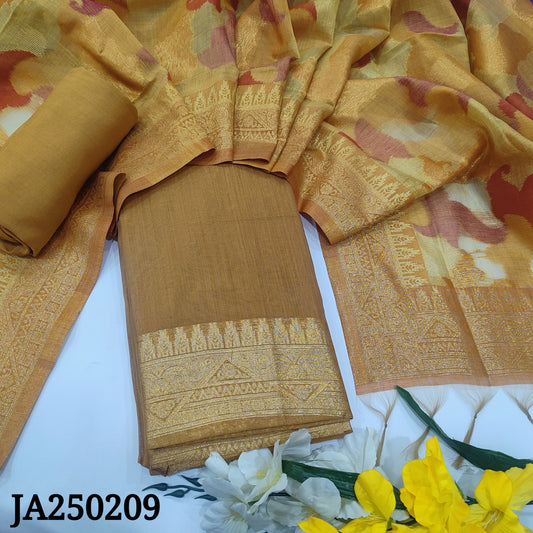 CODE JA250209 : Golden mehandhi yellow premium silk cotton unstitched salwar material(thin fabric, lining needed)matching santoon bottom, jamdani woven premium silk cotton dupatta.