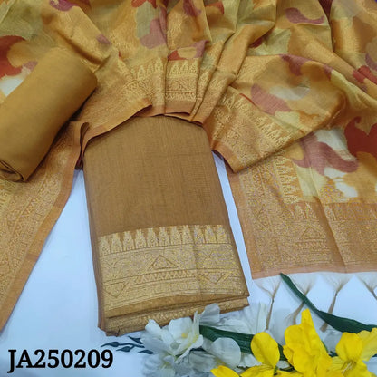 CODE JA250209: Golden mehandhi yellow premium silk cotton unstitched salwar material(thin fabric lining needed)matching