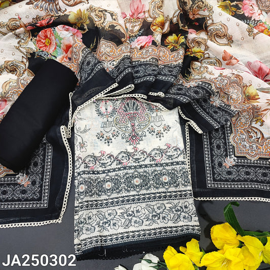 CODE JA250302 : Half white base printed semi linen unstitched salwar material, bead work on front(thin fabric, lining needed)black spun cotton bottom, digital printed semi linen dupatta with lace tapings.