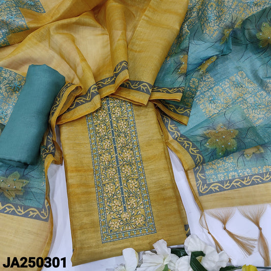 CODE JA250301 : Mehandhi yellow with golden tint designer tissue linen unstitched salwar material, thread& sequins work on yoke(thin fabric, lining needed)pastel blue santoon bottom, digital printed tissue linen dupatta with thread& sequins work.