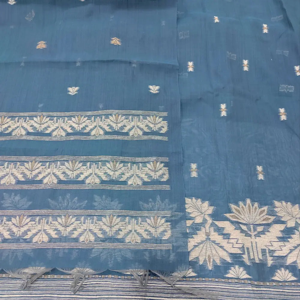 CODE JA250318: Bluish grey jamdani woven premium silk cotton unstitched salwar material(thin fabric lining