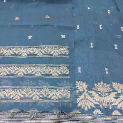 CODE JA250318: Bluish grey jamdani woven premium silk cotton unstitched salwar material(thin fabric lining