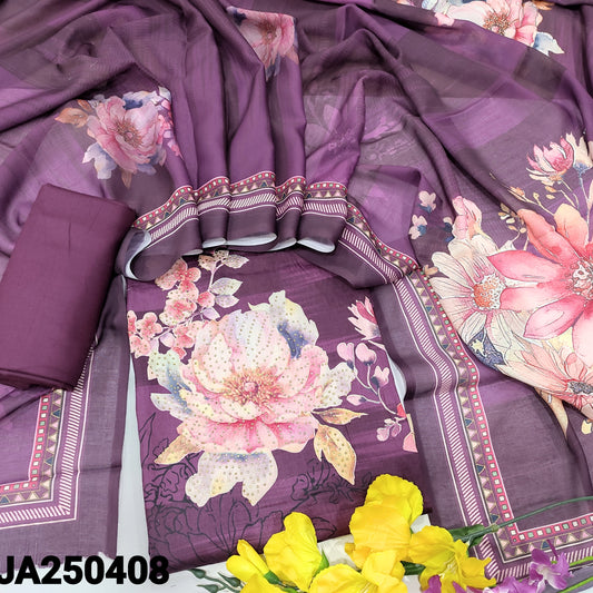 CODE JA250408 : Dark beetroot purple fancy silk cotton unstitched salwar material(lining needed)matching santoon bottom, digital printed soft silk cotton dupatta.