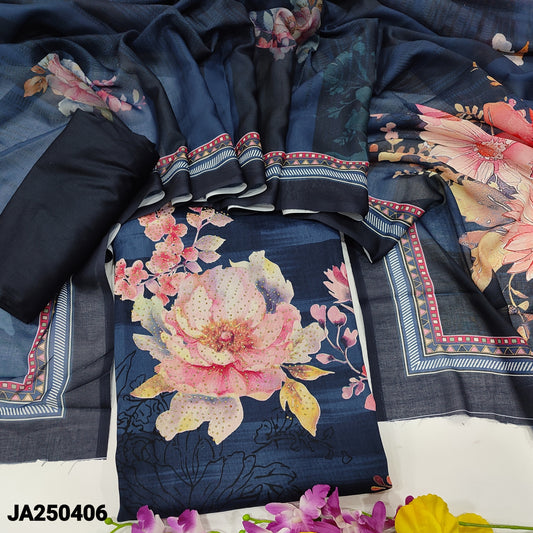 CODE JA250406 : Dark blue fancy silk cotton unstitched salwar material(lining needed)matching santoon bottom, digital printed soft silk cotton dupatta.