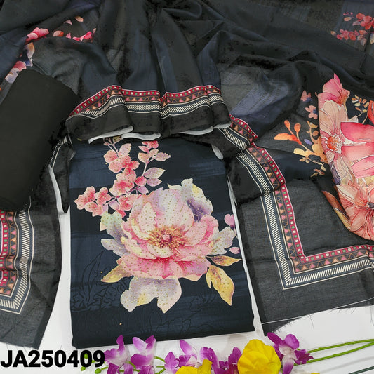 CODE JA250409 : Black fancy silk cotton unstitched salwar material(lining needed)matching santoon bottom, digital printed soft silk cotton dupatta.