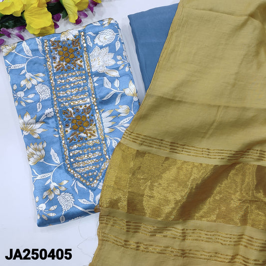 CODE JA250405 : Blue gajji silk unstitched salwar material, zardozi& faux mirror work on yoke(lining optional)matching santoon bottom, premium silk cotton dupatta with gold tissue pallu.