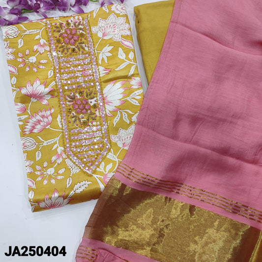 CODE JA250404 : Golden yellow gajji silk unstitched salwar material, zardozi& faux mirror work on yoke(lining optional)matching santoon bottom, premium silk cotton dupatta with gold tissue pallu.