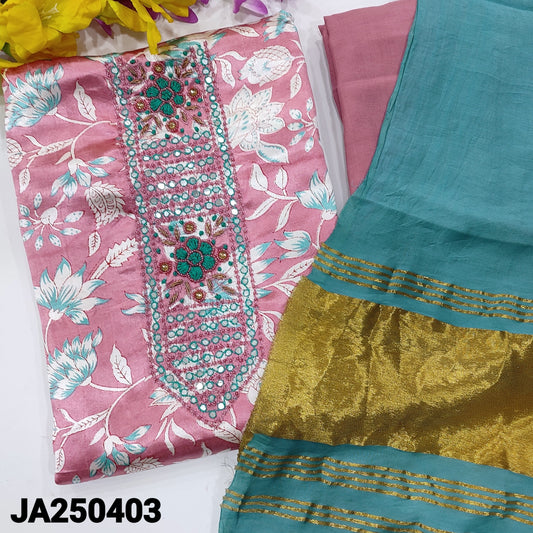 CODE JA250403 : Pastel pink gajji silk unstitched salwar material, zardozi& faux mirror work on yoke(lining optional)matching santoon bottom, premium silk cotton dupatta with gold tissue pallu.