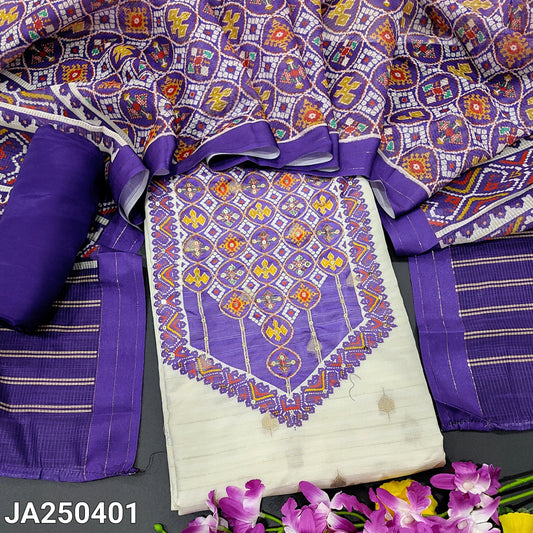 CODE JA250401 : Half white digital printed premiums silk cotton unstitched salwar material, self weaving& zari buttas all over(thin fabric, lining needed)dark purple silky bottom, patola digital printed fancy silk cotton dupatta.