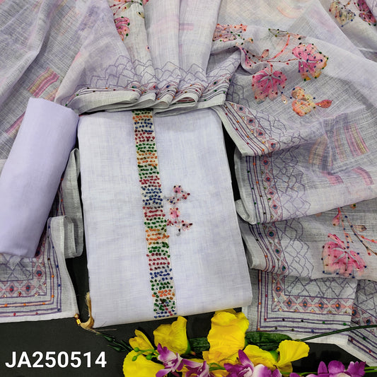 CODE JA250514 : Lavender designer digital printed semi linen unstitched salwar material, thread work on yoke& front(thin fabric, lining needed)matching lining provided, NO BOTTOM, digital printed semi linen full length dupatta with thread& sequins work.