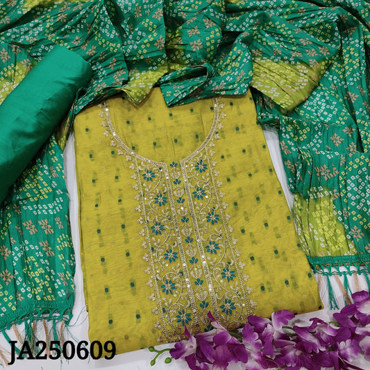 CODE JA250609 : Tender leaf green fancy silk cotton unstitched salwar material, thread &zari work on yoke, thread& zari woven buttas all over(thin fabric, lining needed)turquoise green cotton bottom, bandhini printed crinkled fancy silk cotton dupatta.