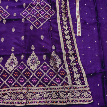 CODE JA250501: Dark purple designer pure dola silk unstitched salwar material zari& sequins work on yoke& front(silky