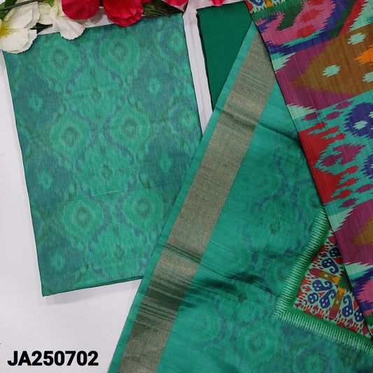 CODE JA250702 : Light turquoise green base sobar ikat printed semi gicha unstitched salwar material(thin fabric, lining needed)dark turquoise green silk cotton bottom, ikat printed semi gicha dupatta.