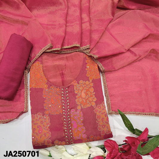 CODE JA250701 : Dark pink with golden tint tissue organza silk unstitched salwar material, zardozi& sequins work on yoke, thread work on front(thin fabric, lining needed)matching santoon bottom, tissue organza dupatta with dew drop work& lace tapings.