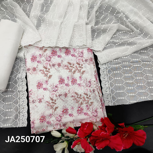 CODE JA250707 : White base floral printed glazed cotton unstitched salwar material, self embroidered on front(thin fabric, lining needed)matching spun cotton bottom, chikankari embroidered cotton dupatta with cut work edges.