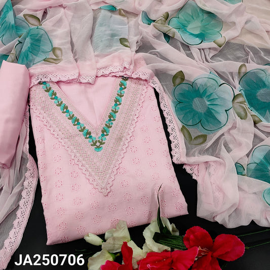 CODE JA250706 : Pastel pink schiffli embroidered cotton unstitched salwar material, v neck with thread& sequins work(thin fabric, lining needed)matching lining provided, NO BOTTOM, brush painted fancy chiffon dupatta with lace tapings.