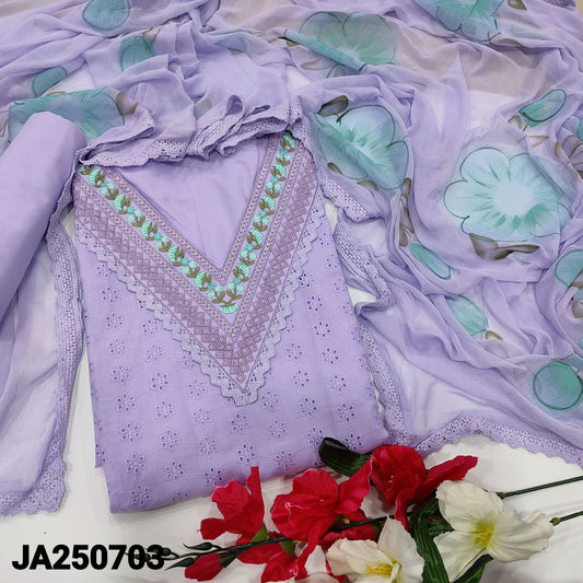 CODE JA250703 : Lavender schiffli embroidered cotton unstitched salwar material, v neck with thread& sequins work(thin fabric, lining needed)matching lining provided, NO BOTTOM, brush painted fancy chiffon dupatta with lace tapings.