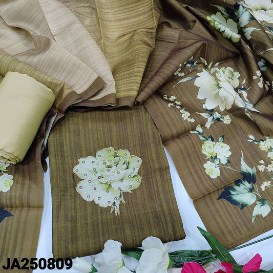 CODE JA250809 : Olive green premium semi tussar unstitched salwar material, floral printed yoke with zari& faux mirror work(thin fabric, lining needed)beige silk cotton bottom, dual shaded digital printed semi tussar full length dupatta.