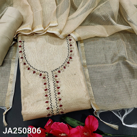 CODE JA250806 : Golden beige tissue silk cotton unstitched salwar material, embroidered& sequins work on yoke(thin fabric, lining needed)matching santoon bottom, tissue silk cotton dupatta with bead work& god tissue borders.