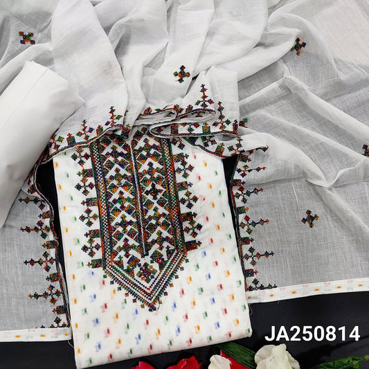 CODE JA250814 : Half white base mixed cotton unstitched salwar material, cross stitch embroidered on yoke, multi color thread buttas all over(thin fabric, lining needed)matching cotton bottom, cross stitch embroidered pure cotton dupatta.