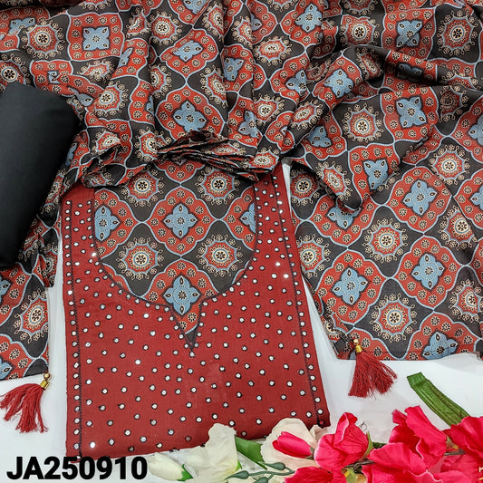 CODE JA250910 : Dark maroon premium slub cotton unstitched salwar material, faux mirror work on yoke(lining optional)black cotton bottom, digital ajrak printed silk cotton dupatta.