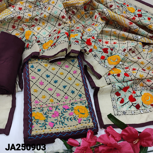 CODE JA250903 : Dark beetroot purple satin cotton unstitched salwar material, hand embroidered on yoke(lining optional)matching spun cotton bottom, heavy hand embroidered silk cotton dupatta.