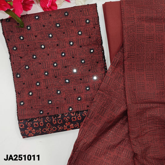 CODE JA251011 : Black base printed premium cotton unstitched salwar material, real mirror& bead work on yoke(lining optional)maroon cotton bottom, printed fancy kota silk cotton full length dupatta.