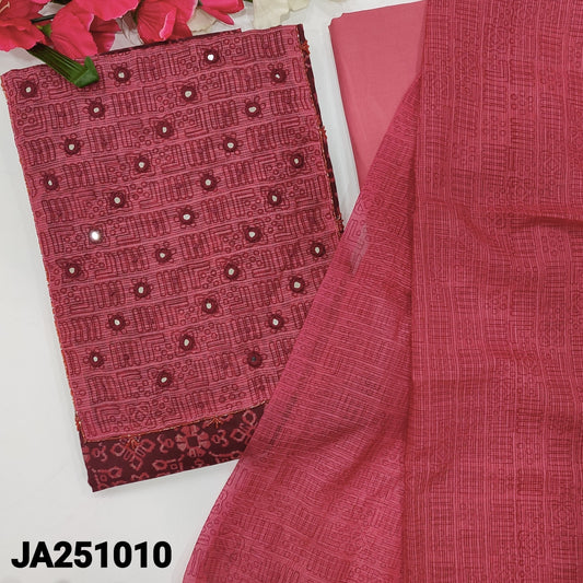 CODE JA251010 : Maroon base printed premium cotton unstitched salwar material, real mirror& bead work on yoke(lining optional)pink cotton bottom, printed fancy kota silk cotton full length dupatta.