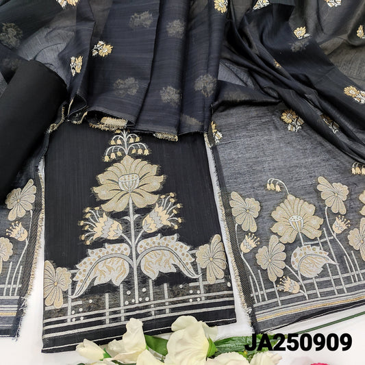 CODE JA250909 : Black silk cotton unstitched salwar material, zari& thread weaving on front(thin fabric, lining needed)matching spun cotton bottom, silk cotton dupatta with thread &zari weaving(REQUIRES TAPINGS).