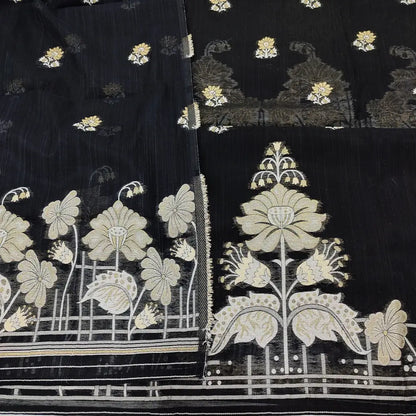 CODE JA250909: Black silk cotton unstitched salwar material zari& thread weaving on front(thin fabric lining