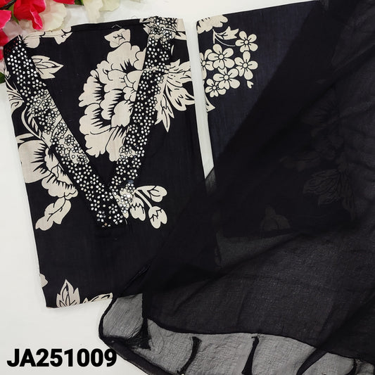 CODE JA251009 : Black floral printed premium soft cotton unstitched salwar material, v neck with faux mirror work(lining optional)floral printed cotton bottom, plain chiffon dupatta.