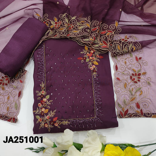 CODE JA251001 : Deep wine purple premium silk cotton unstitched salwar material, rich bead& sequins work on yoke(shiny fabric, lining needed)matching santoon bottom, embroidered fancy organza dupatta with scallop edges.