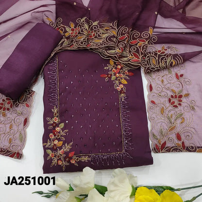 CODE JA251001: Deep wine purple premium silk cotton unstitched salwar material rich bead& sequins work on yoke(shiny