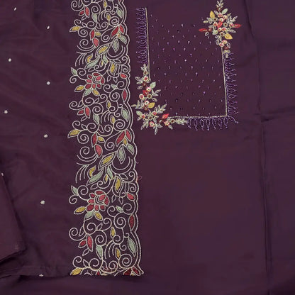 CODE JA251001: Deep wine purple premium silk cotton unstitched salwar material rich bead& sequins work on yoke(shiny