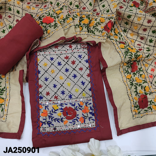 CODE JA250901 : Reddish maroon satin cotton unstitched salwar material, hand embroidered on yoke(lining optional)matching spun cotton bottom, heavy hand embroidered silk cotton dupatta.