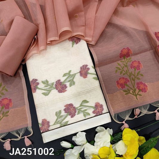 CODE JA251002 : Light beige jamdani woven silk cotton unstitched salwar material(thin fabric, lining needed)pastel pink drum dyed cotton bottom, jamdani woven premium soft silk cotton dupatta.