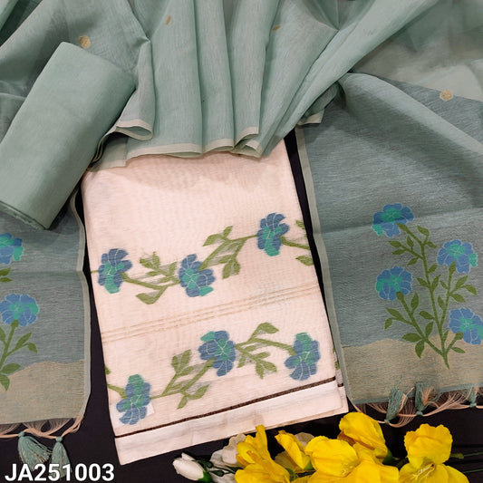 CODE JA251003 : Light beige jamdani woven silk cotton unstitched salwar material(thin fabric, lining needed)pastel blue drum dyed cotton bottom, jamdani woven premium soft silk cotton dupatta.