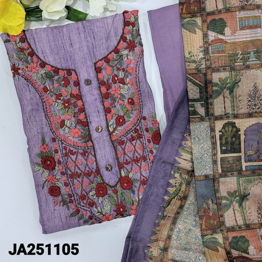 CODE JA251105 : Light purple digital printed silk cotton unstitched salwar material, rich hand embroidered on yoke(thin fabric, lining needed)matching santoon bottom, digital printed silk cotton dupatta.