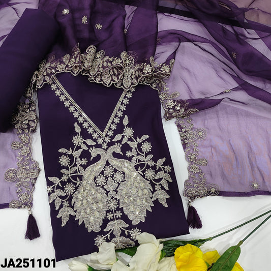 CODE JA251101 : Dark purple soft silk cotton unstitched salwar material, v neck with zari& sequins work(shiny fabric, lining needed)matching soft silk cotton bottom, fancy organza dupatta with zari embroidered &scallop edges.