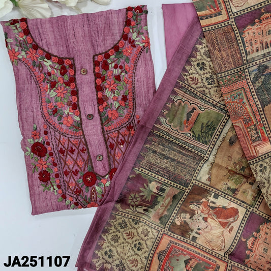 CODE JA251107 : Pink digital printed silk cotton unstitched salwar material, rich hand embroidered on yoke(thin fabric, lining needed)matching santoon bottom, digital printed silk cotton dupatta.