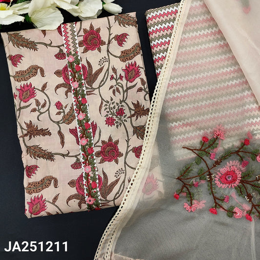 CODE JA251211 : Pale pink printed premium cotton unstitched salwar material, hand embroidered on yoke(lining optional)zigzag printed cotton bottom, pure organza dupatta with hand embroidered& lace tapings.