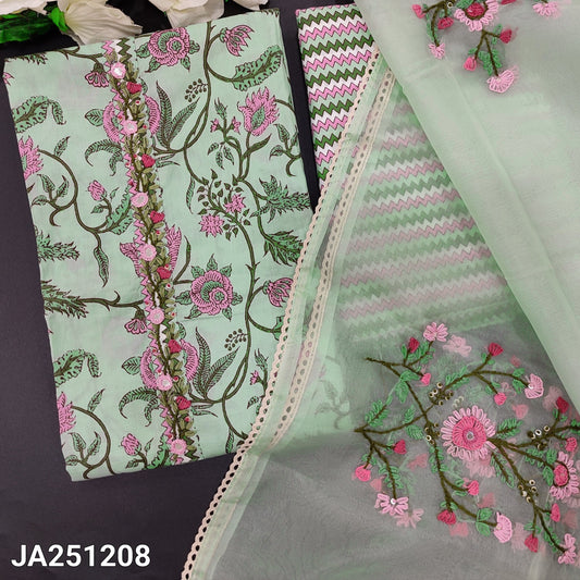 CODE JA251208 : Pastel green printed premium cotton unstitched salwar material, hand embroidered on yoke(lining optional)zigzag printed cotton bottom, pure organza dupatta with hand embroidered& lace tapings.