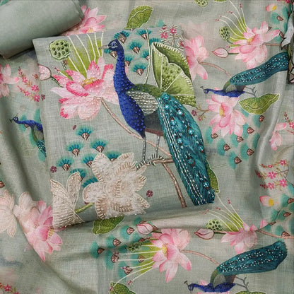 CODE JA251201: Grey withslight green and golden tint pure tissue linen unstitched salwar material v neck thread work