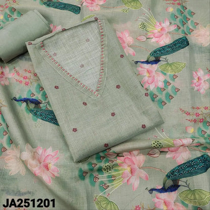 CODE JA251201: Grey withslight green and golden tint pure tissue linen unstitched salwar material v neck thread work