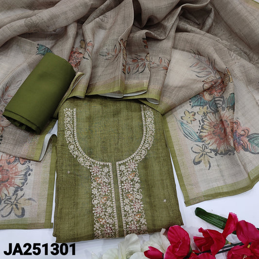 CODE JA251301 : Olive green tissue linen unstitched salwar material, zari& sequins work on yoke &front(thin fabric, lining needed)matching soft silk cotton bottom, floral printed tissue linen dupatta with gold tissue borders.