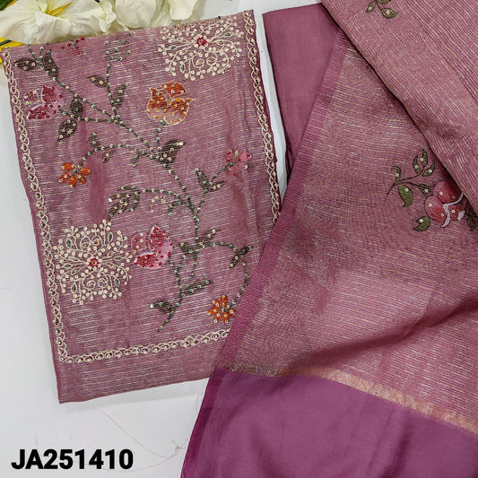 CODE JA251410 : Light beetroot purple with golden tint tissue silk cotton unstitched salwar material(thin fabric, lining needed)matching santoon bottom, floral printed tissue silk cotton dupatta with sequins work.