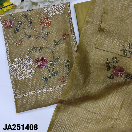 CODE JA251408 : Greenish beige with golden tint tissue silk cotton unstitched salwar material(thin fabric, lining needed)matching santoon bottom, floral printed tissue silk cotton dupatta with sequins work.