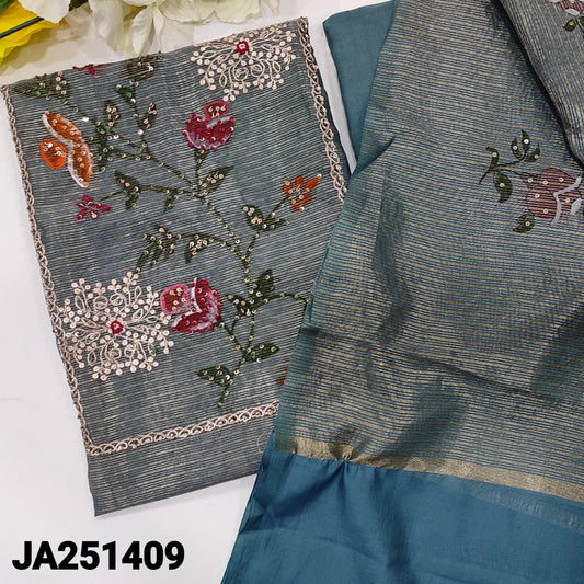 CODE JA251409 : Greyish blue with golden tint tissue silk cotton unstitched salwar material(thin fabric, lining needed)matching santoon bottom, floral printed tissue silk cotton dupatta with sequins work.